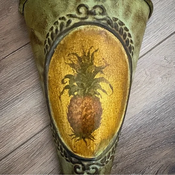 Tin Distressed Look Cone Shaped Wall Pocket Planter - Pineapple Embossed - Picture 2 of 7